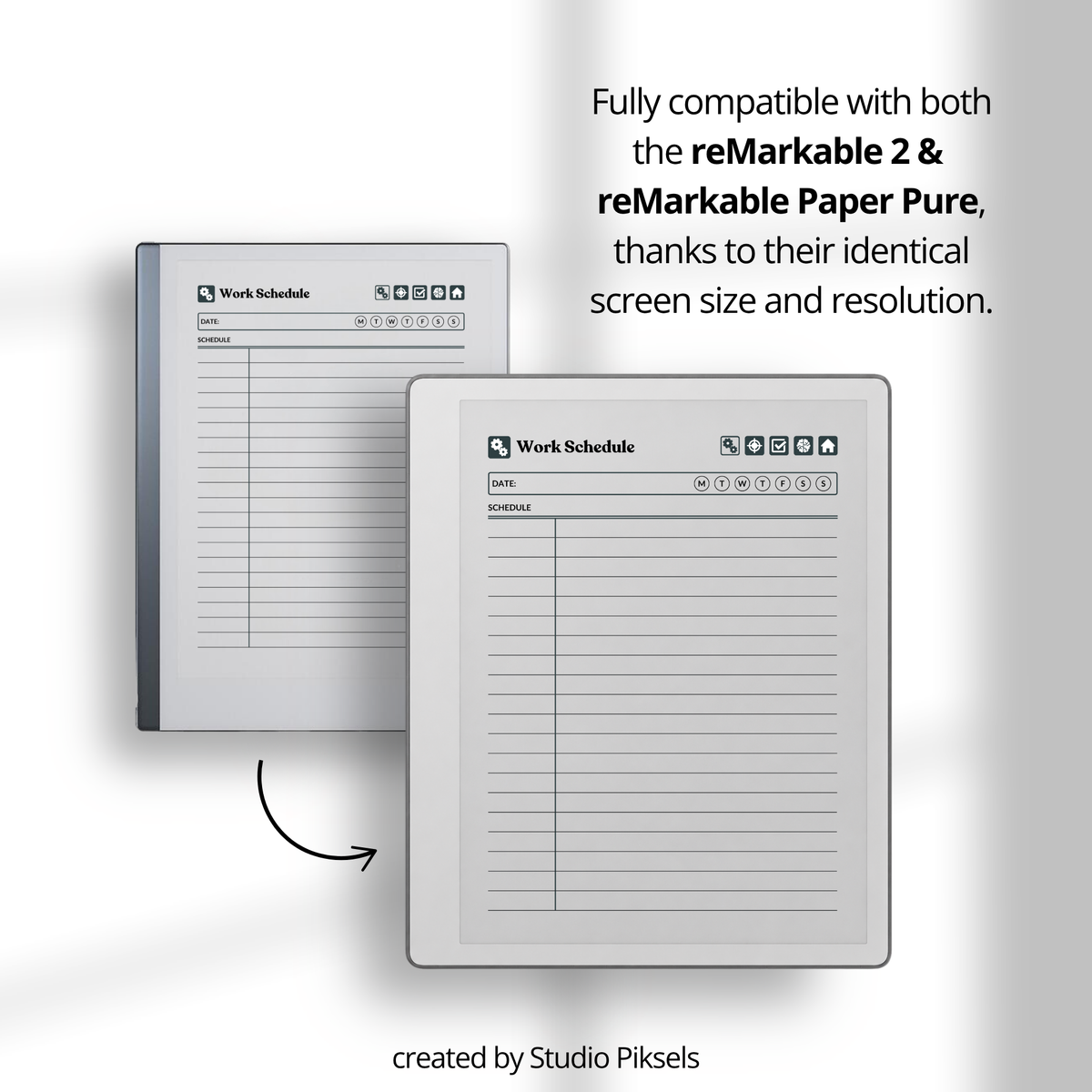 Hyperlinked Work Planner for reMarkable 2 and reMarkable Paper Pure featuring 30 daily planning sections, Work Schedule, Today’s Focus, Task List, Brain Dump, and a grayscale e-ink layout.