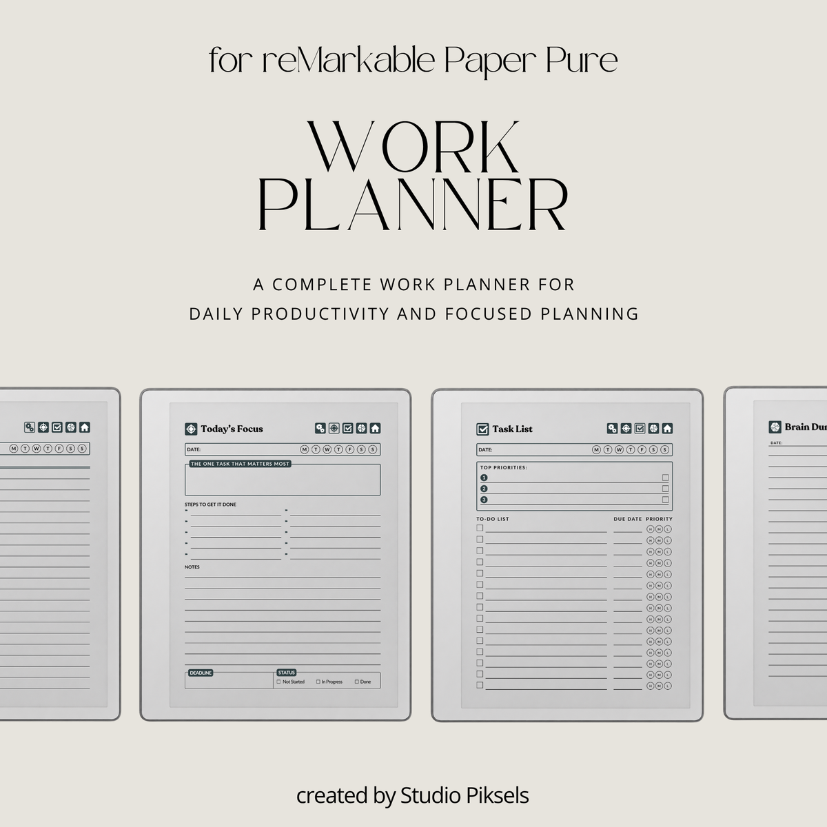 Hyperlinked Work Planner for reMarkable 2 and reMarkable Paper Pure featuring 30 daily planning sections, Work Schedule, Today’s Focus, Task List, Brain Dump, and a grayscale e-ink layout.