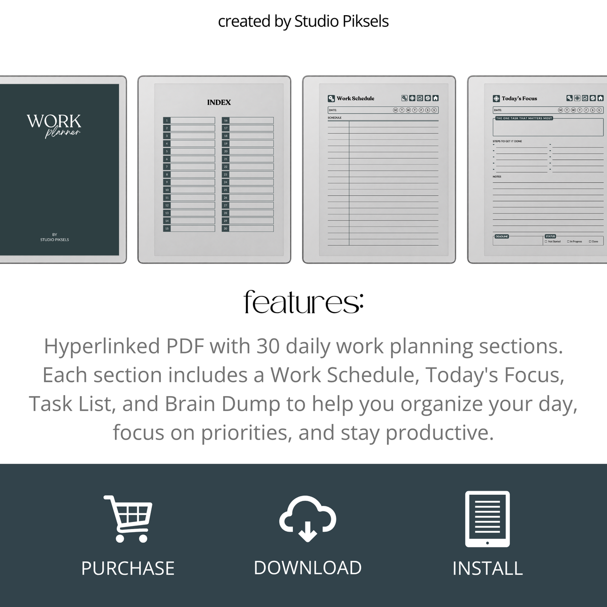 Hyperlinked Work Planner for reMarkable 2 and reMarkable Paper Pure featuring 30 daily planning sections, Work Schedule, Today’s Focus, Task List, Brain Dump, and a grayscale e-ink layout.