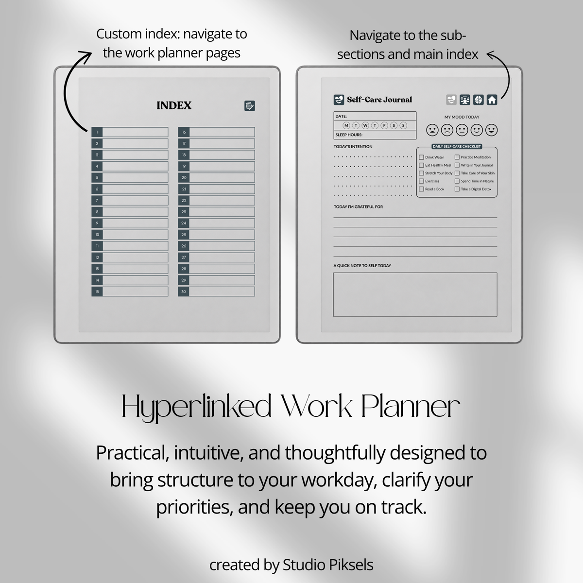 Hyperlinked Work Planner for reMarkable 2 and reMarkable Paper Pure featuring 30 daily planning sections, Work Schedule, Today’s Focus, Task List, Brain Dump, and a grayscale e-ink layout.