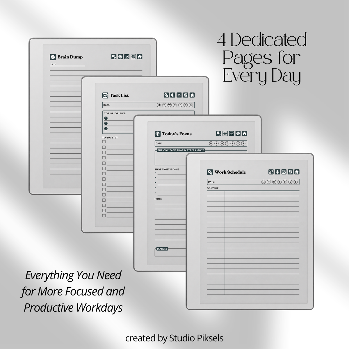 Hyperlinked Work Planner for reMarkable 2 and reMarkable Paper Pure featuring 30 daily planning sections, Work Schedule, Today’s Focus, Task List, Brain Dump, and a grayscale e-ink layout.