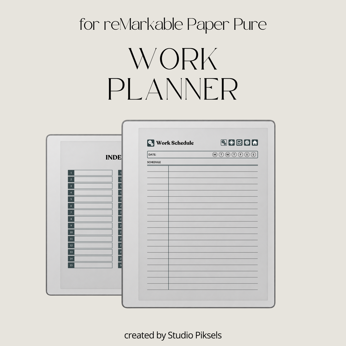 Hyperlinked Work Planner for reMarkable 2 and reMarkable Paper Pure featuring 30 daily planning sections, Work Schedule, Today’s Focus, Task List, Brain Dump, and a grayscale e-ink layout.