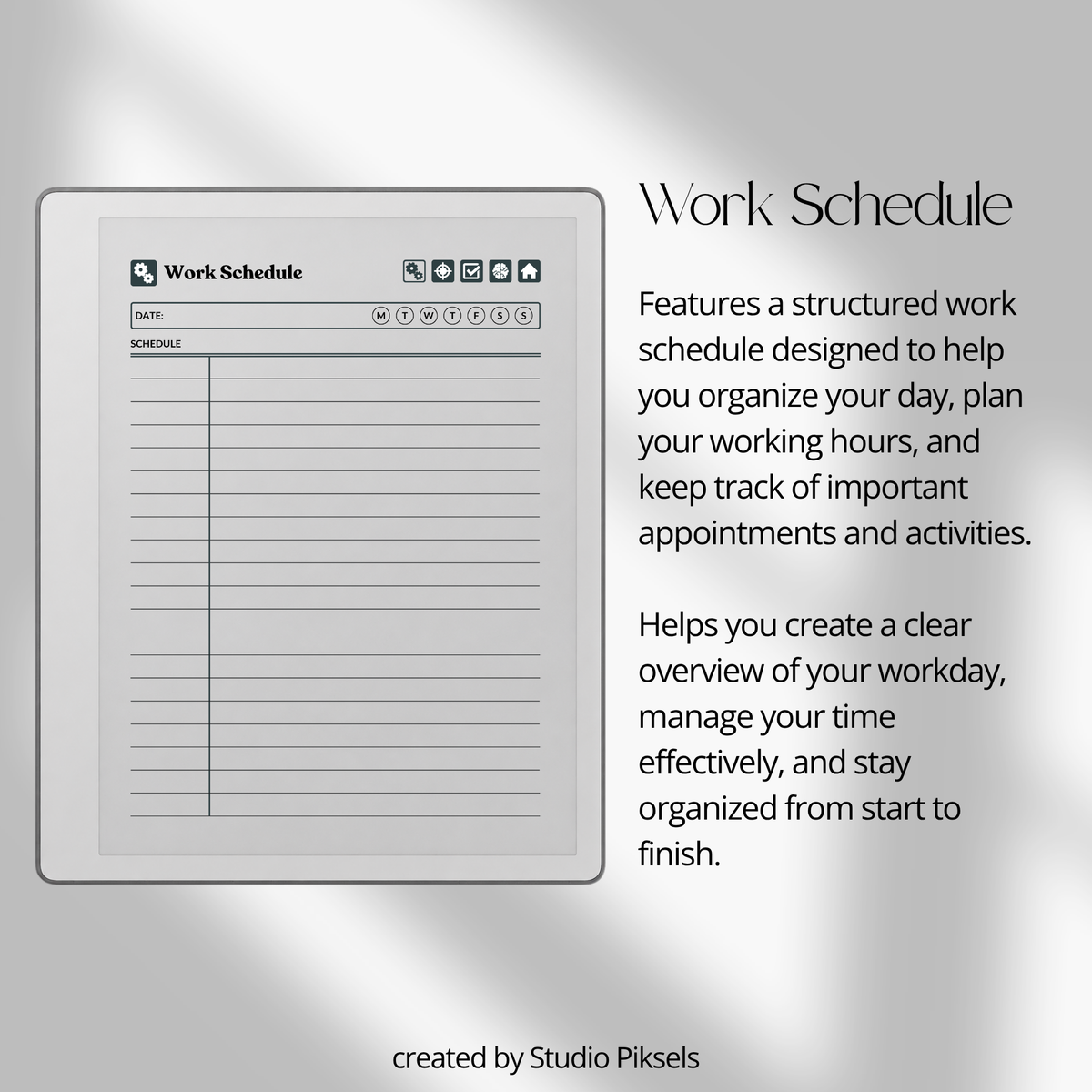 Hyperlinked Work Planner for reMarkable 2 and reMarkable Paper Pure featuring 30 daily planning sections, Work Schedule, Today’s Focus, Task List, Brain Dump, and a grayscale e-ink layout.