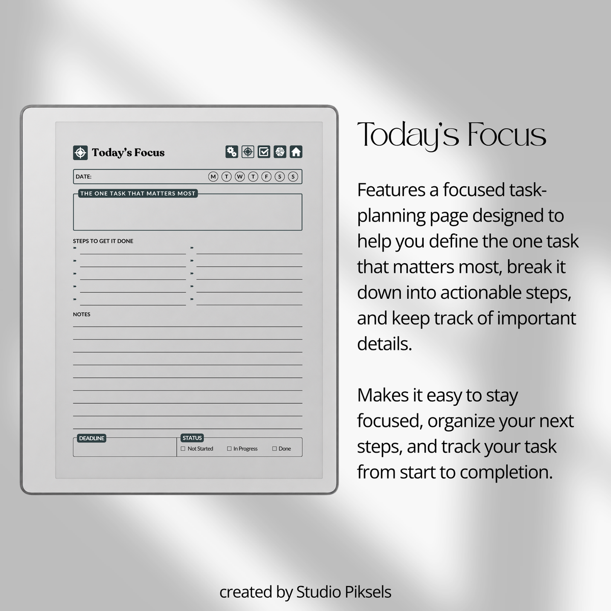 Hyperlinked Work Planner for reMarkable 2 and reMarkable Paper Pure featuring 30 daily planning sections, Work Schedule, Today’s Focus, Task List, Brain Dump, and a grayscale e-ink layout.