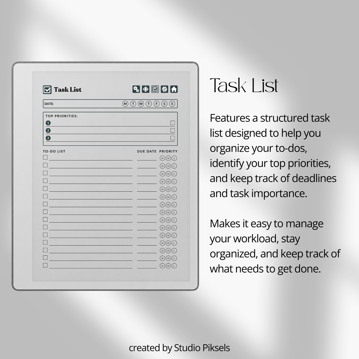 Hyperlinked Work Planner for reMarkable 2 and reMarkable Paper Pure featuring 30 daily planning sections, Work Schedule, Today’s Focus, Task List, Brain Dump, and a grayscale e-ink layout.