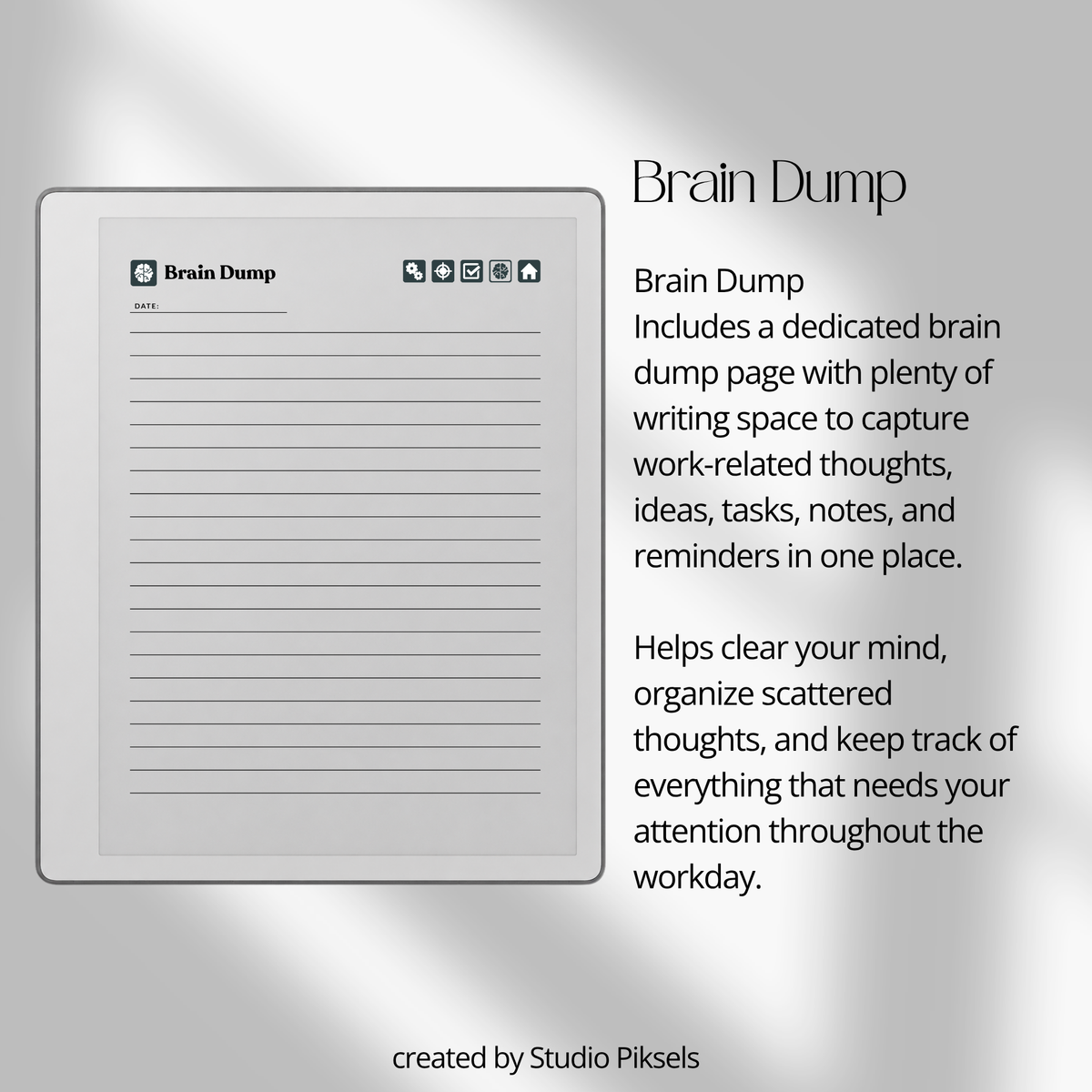 Hyperlinked Work Planner for reMarkable 2 and reMarkable Paper Pure featuring 30 daily planning sections, Work Schedule, Today’s Focus, Task List, Brain Dump, and a grayscale e-ink layout.