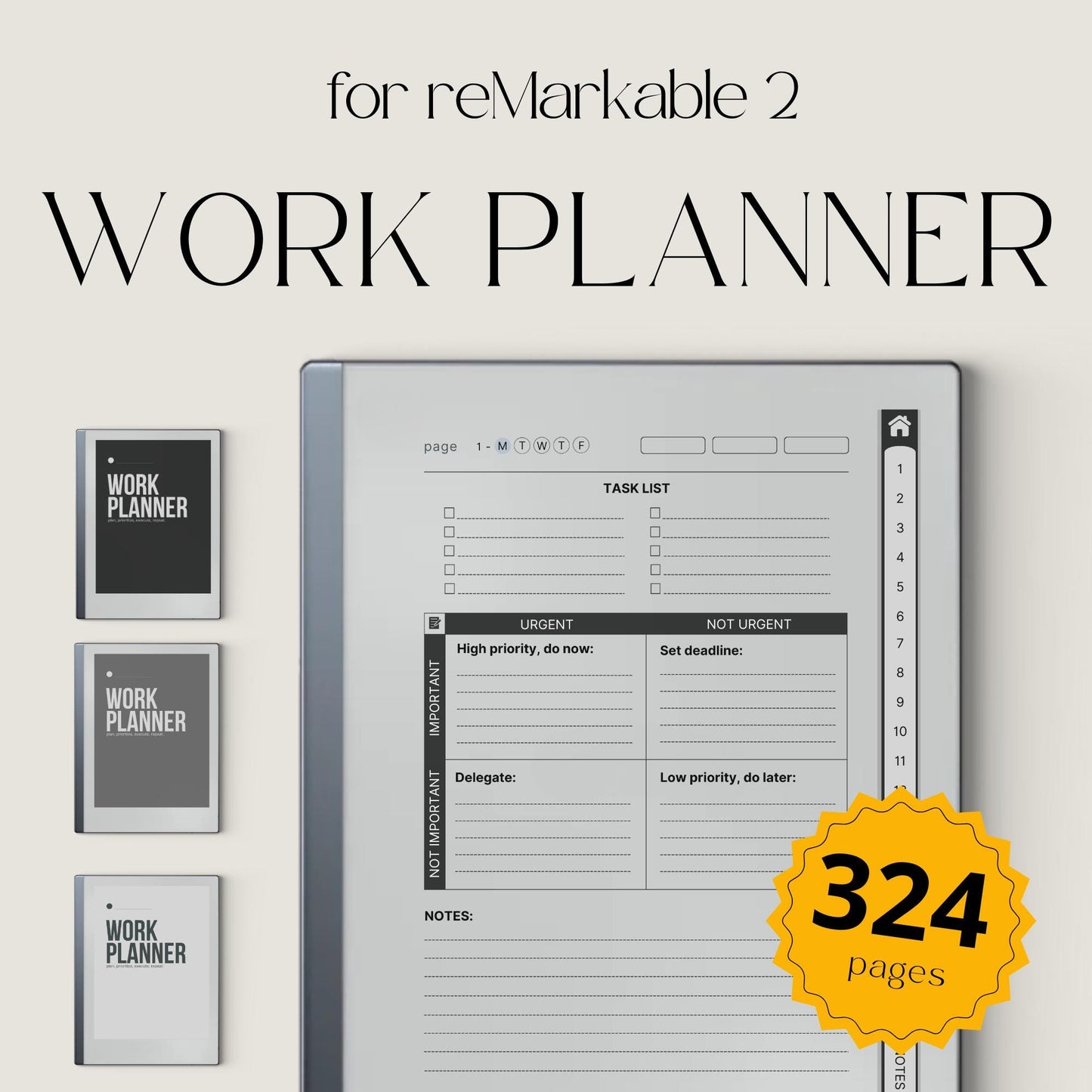 Work Planner Bundle PDF for reMarkable 2 and Paper Pure with grayscale productivity layouts, hyperlinked task planners, and workflow organization pages