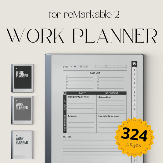 Work Planner Bundle PDF for reMarkable 2 and Paper Pure with grayscale productivity layouts, hyperlinked task planners, and workflow organization pages