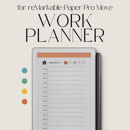 Hyperlinked work planner for reMarkable Paper Pro Move used to schedule weekday tasks, manage projects, and organize daily work routines.