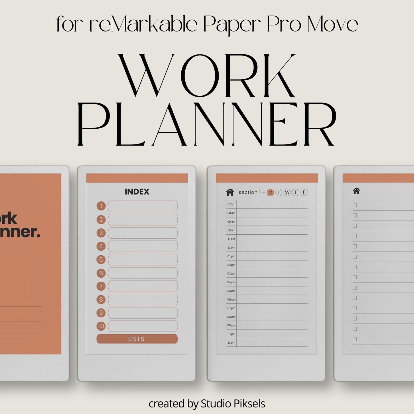 Hyperlinked work planner for reMarkable Paper Pro Move used to schedule weekday tasks, manage projects, and organize daily work routines.