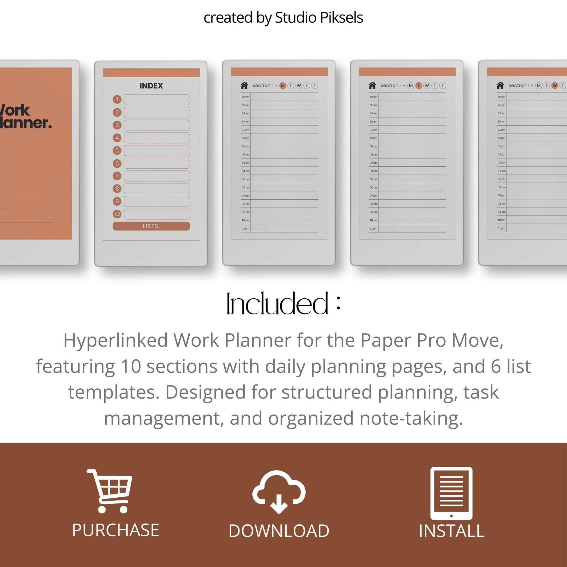 Hyperlinked work planner for reMarkable Paper Pro Move used to schedule weekday tasks, manage projects, and organize daily work routines.