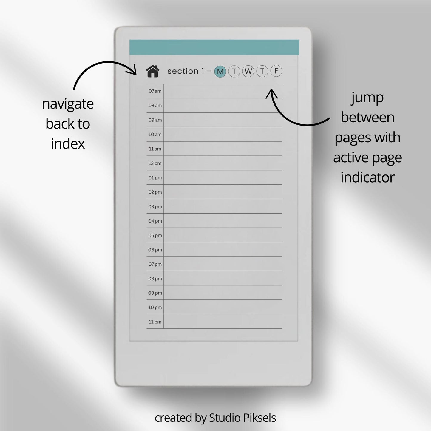 Hyperlinked work planner for reMarkable Paper Pro Move used to schedule weekday tasks, manage projects, and organize daily work routines.