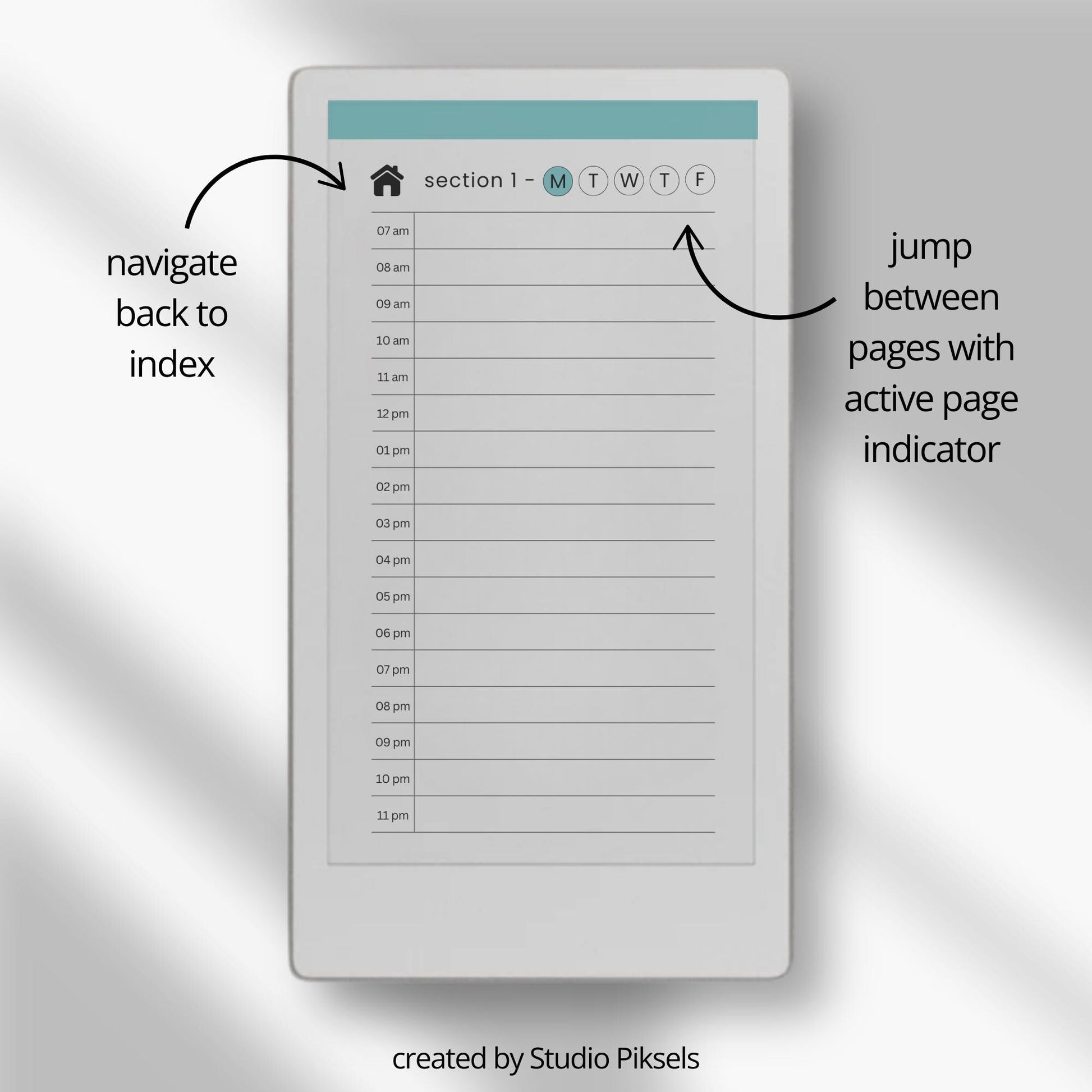 Hyperlinked work planner for reMarkable Paper Pro Move used to schedule weekday tasks, manage projects, and organize daily work routines.