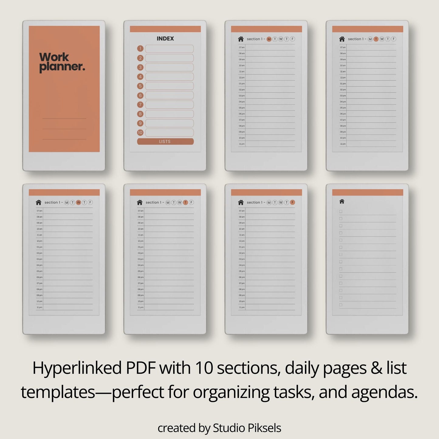 Hyperlinked work planner for reMarkable Paper Pro Move used to schedule weekday tasks, manage projects, and organize daily work routines.