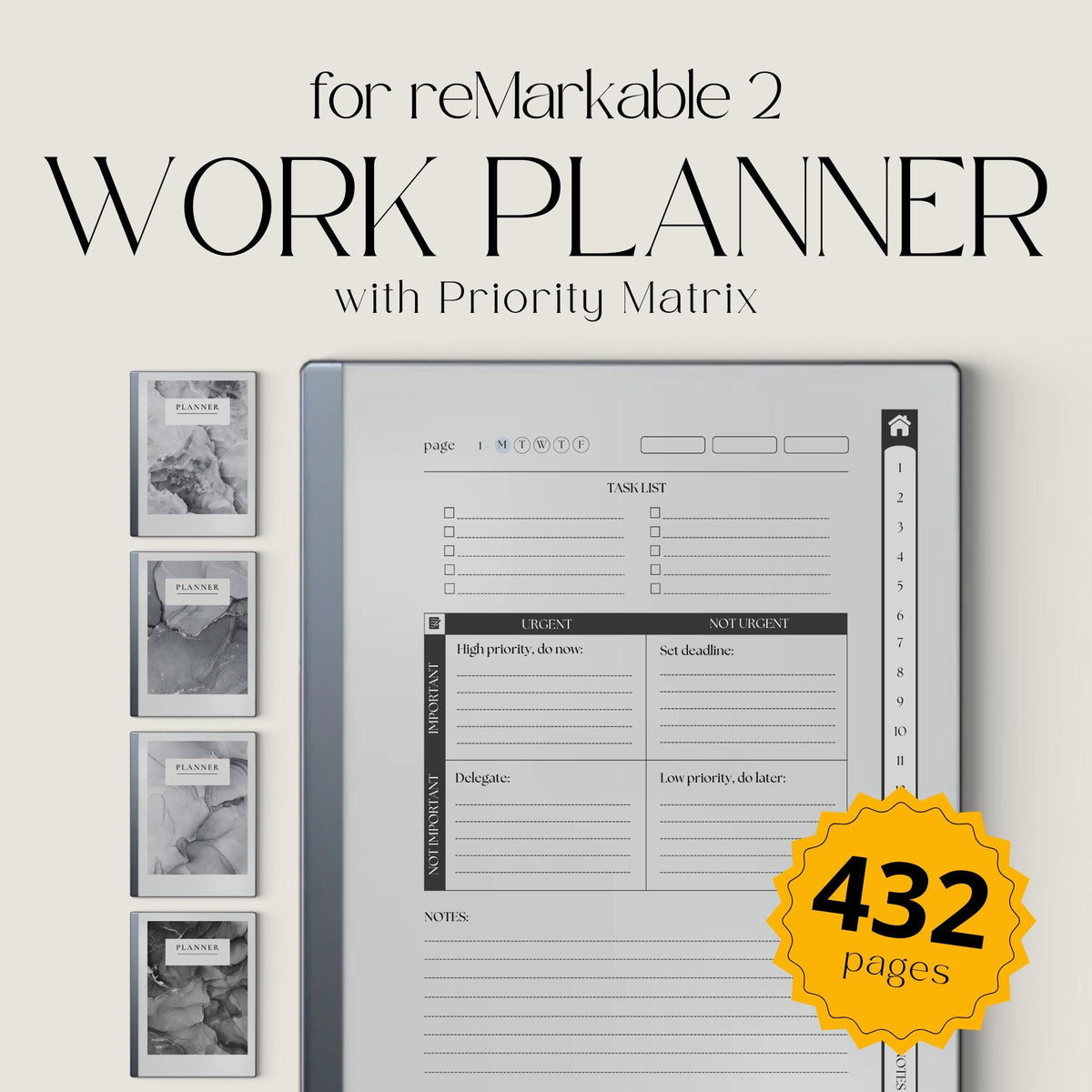 Digital Work Planner for reMarkable 2 with Eisenhower Matrix planning pages, task management layouts, project planner sections, to do lists, notes pages, and hyperlinked PDF navigation.
