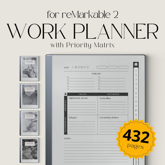 Digital Work Planner for reMarkable 2 with Eisenhower Matrix planning pages, task management layouts, project planner sections, to do lists, notes pages, and hyperlinked PDF navigation.