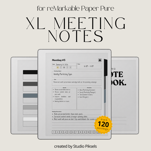 XL Meeting Notes Notebook for reMarkable 2 and reMarkable Paper Pure featuring 120 hyperlinked meeting pages, action tracker, structured meeting notes, grayscale organization, and monochrome PDF layouts.