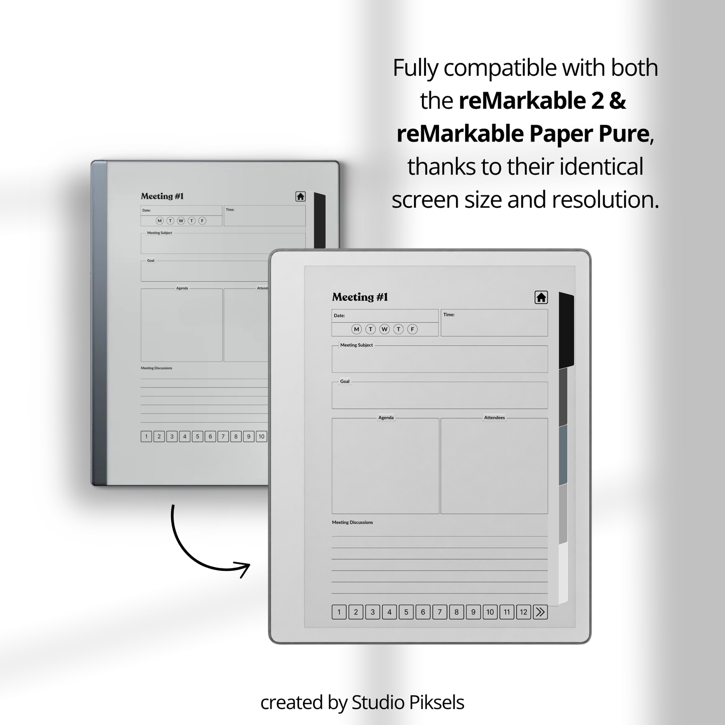 XL Meeting Notes Notebook for reMarkable 2 and reMarkable Paper Pure featuring 120 hyperlinked meeting pages, action tracker, structured meeting notes, grayscale organization, and monochrome PDF layouts.