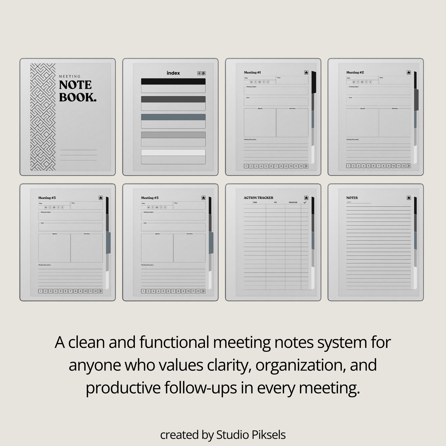 XL Meeting Notes Notebook for reMarkable 2 and reMarkable Paper Pure featuring 120 hyperlinked meeting pages, action tracker, structured meeting notes, grayscale organization, and monochrome PDF layouts.