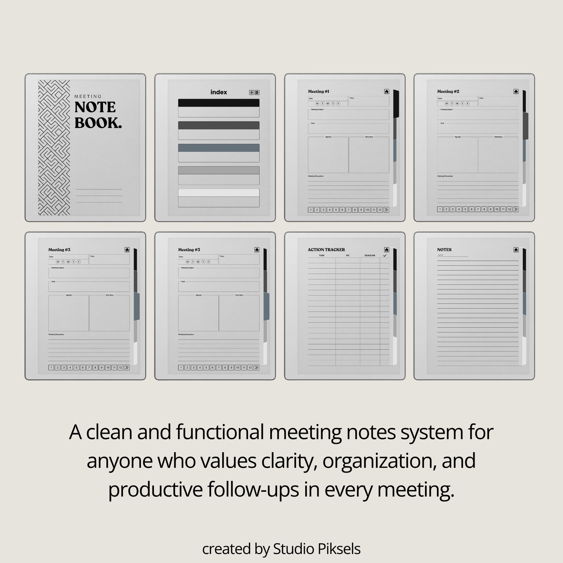 XL Meeting Notes Notebook for reMarkable 2 and reMarkable Paper Pure featuring 120 hyperlinked meeting pages, action tracker, structured meeting notes, grayscale organization, and monochrome PDF layouts.