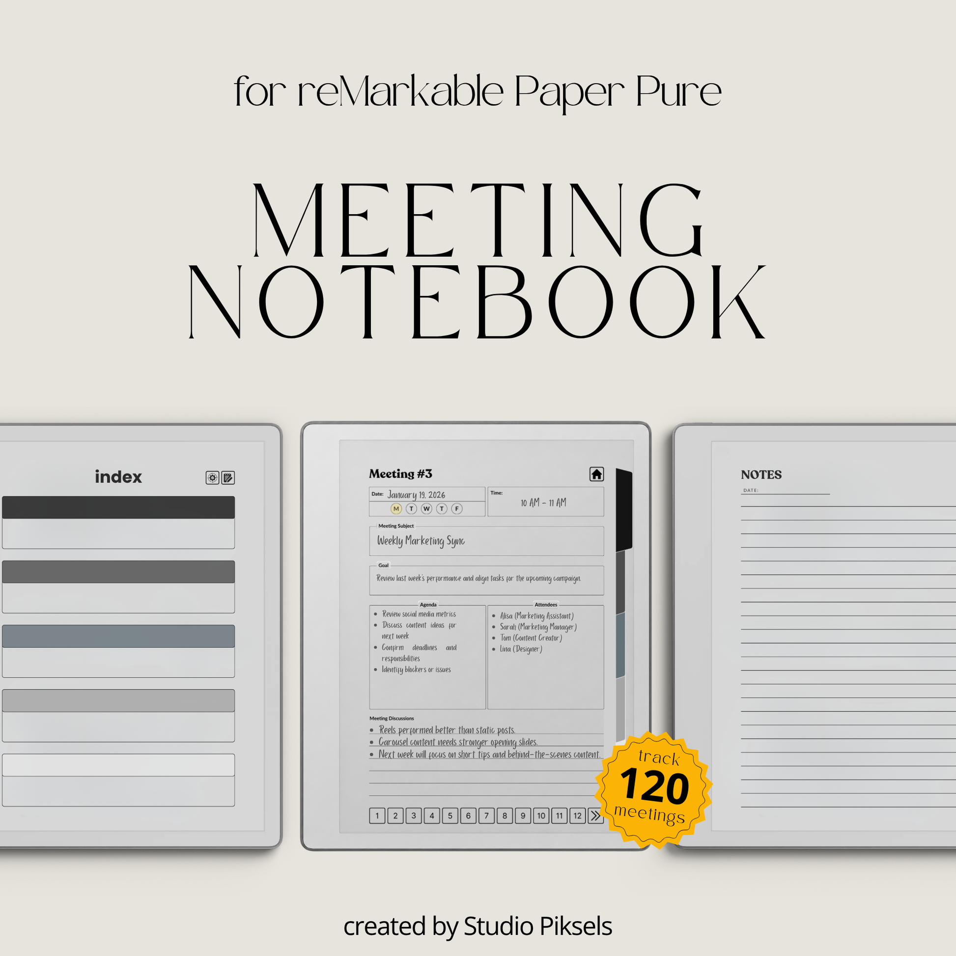 XL Meeting Notes Notebook for reMarkable 2 and reMarkable Paper Pure featuring 120 hyperlinked meeting pages, action tracker, structured meeting notes, grayscale organization, and monochrome PDF layouts.