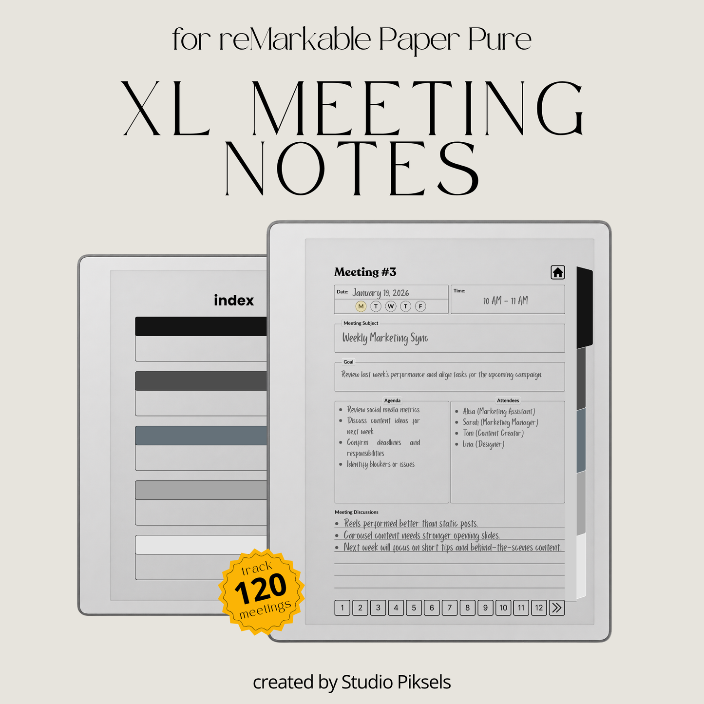 XL Meeting Notes Notebook for reMarkable 2 and reMarkable Paper Pure featuring 120 hyperlinked meeting pages, action tracker, structured meeting notes, grayscale organization, and monochrome PDF layouts.