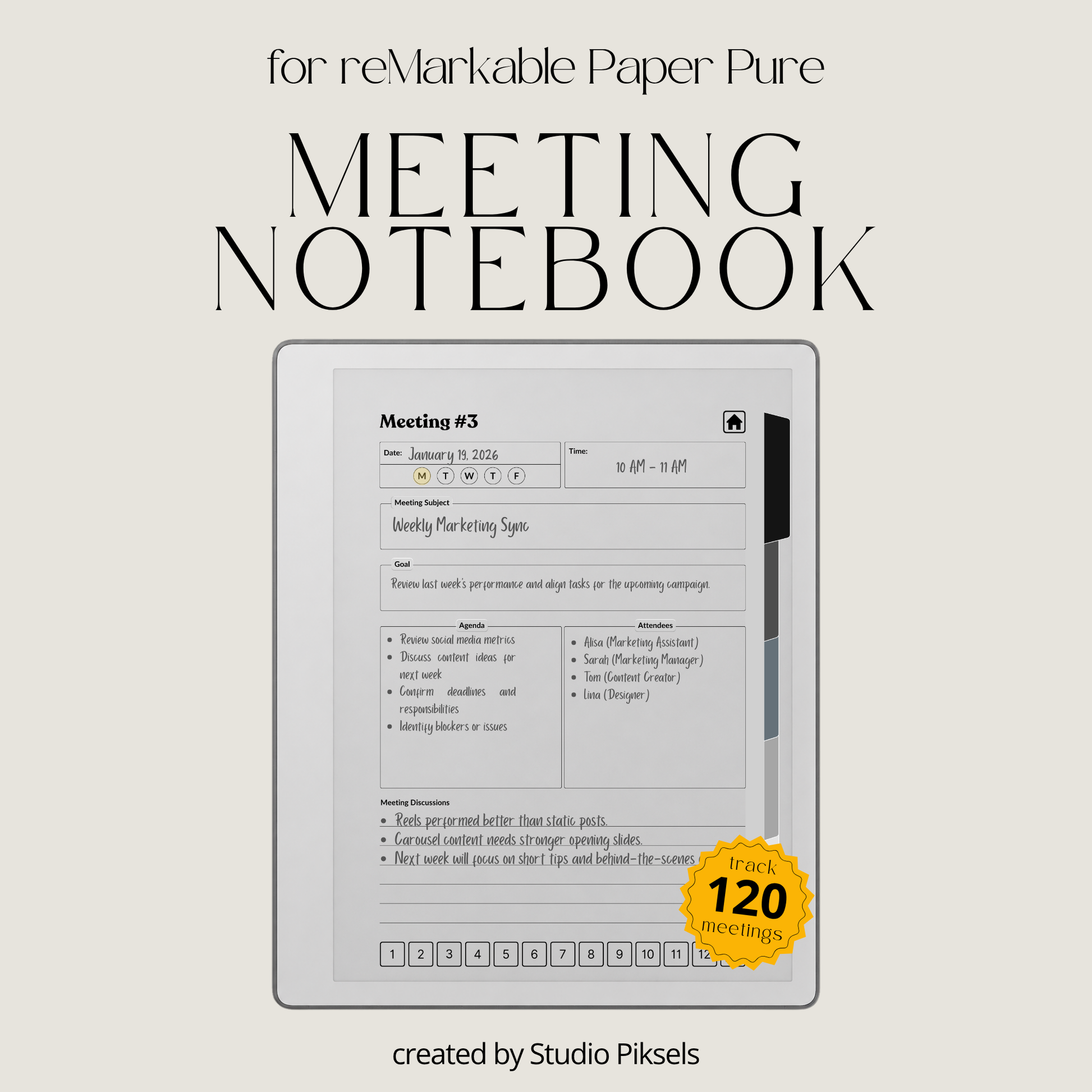 XL Meeting Notes Notebook for reMarkable 2 and reMarkable Paper Pure featuring 120 hyperlinked meeting pages, action tracker, structured meeting notes, grayscale organization, and monochrome PDF layouts.