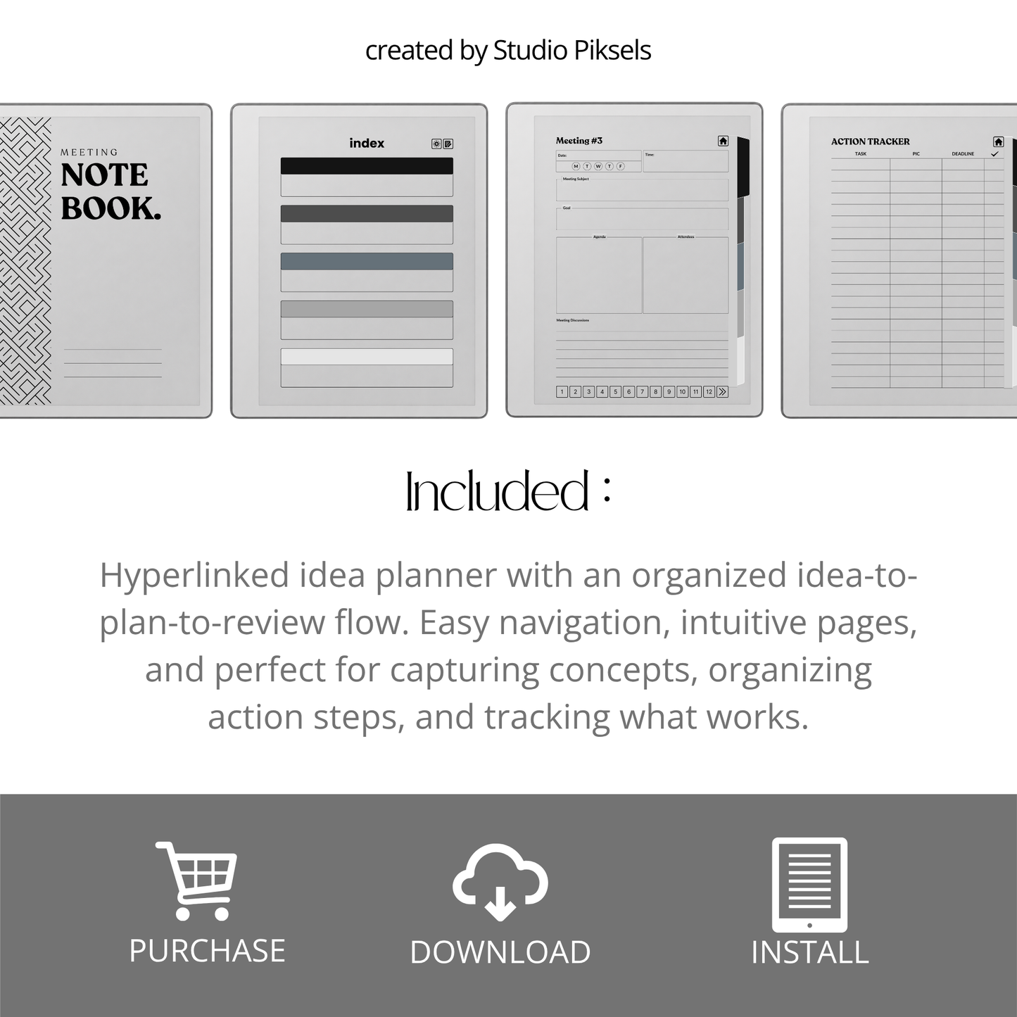 XL Meeting Notes Notebook for reMarkable 2 and reMarkable Paper Pure featuring 120 hyperlinked meeting pages, action tracker, structured meeting notes, grayscale organization, and monochrome PDF layouts.