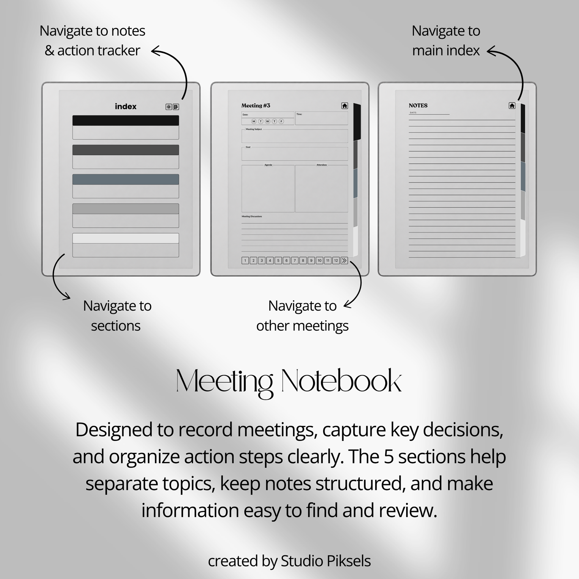 XL Meeting Notes Notebook for reMarkable 2 and reMarkable Paper Pure featuring 120 hyperlinked meeting pages, action tracker, structured meeting notes, grayscale organization, and monochrome PDF layouts.