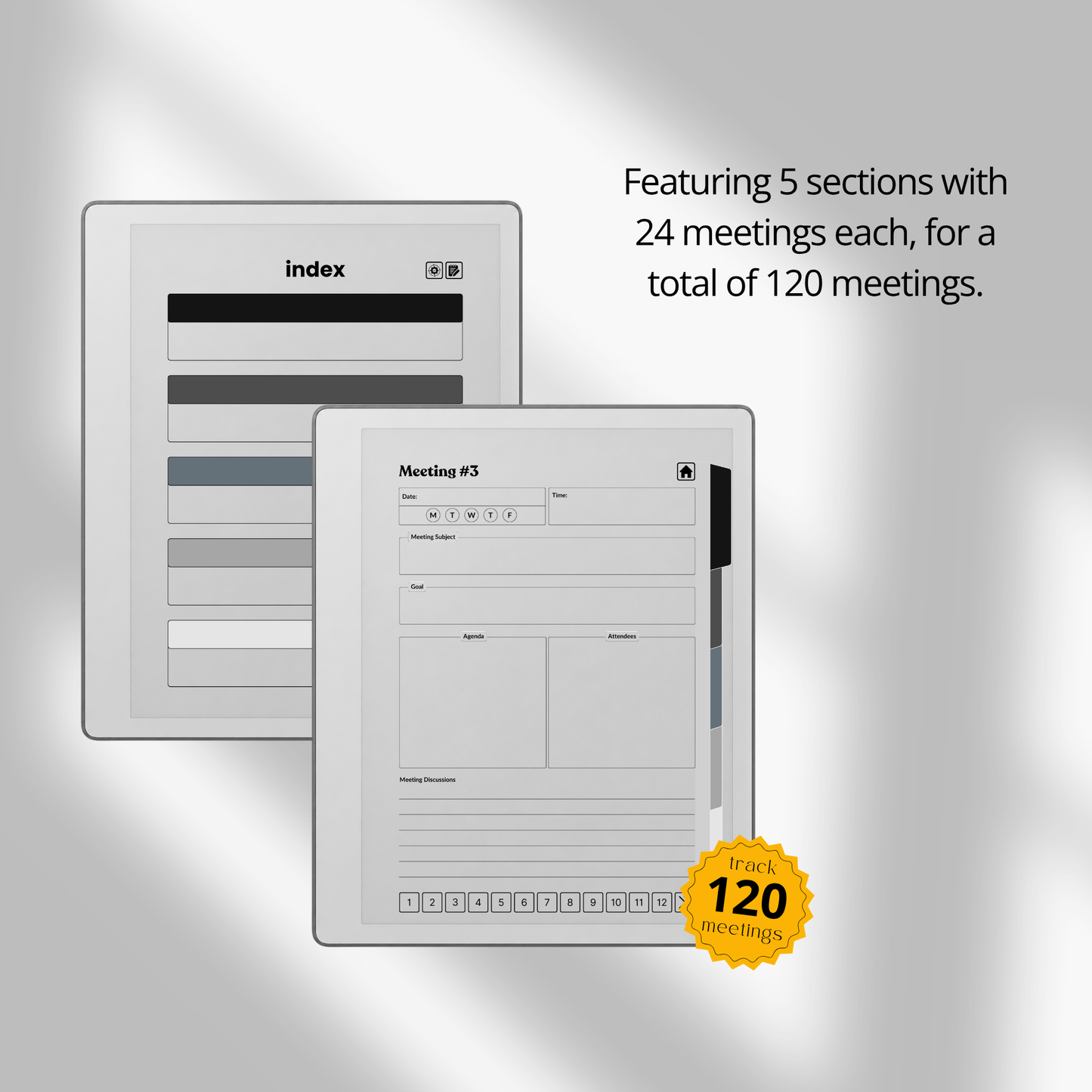 XL Meeting Notes Notebook for reMarkable 2 and reMarkable Paper Pure featuring 120 hyperlinked meeting pages, action tracker, structured meeting notes, grayscale organization, and monochrome PDF layouts.