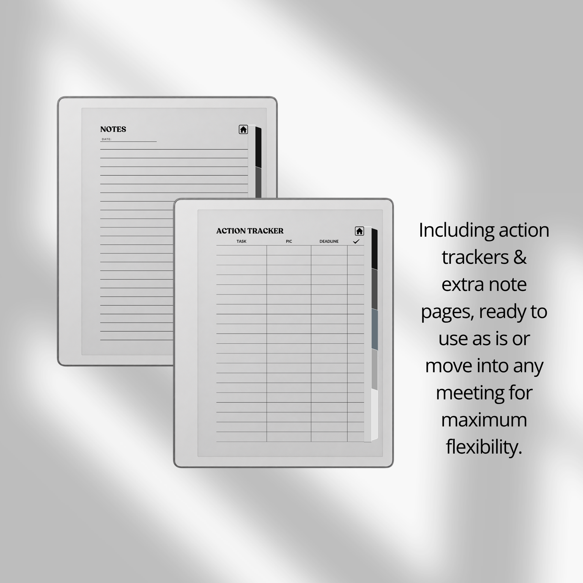 XL Meeting Notes Notebook for reMarkable 2 and reMarkable Paper Pure featuring 120 hyperlinked meeting pages, action tracker, structured meeting notes, grayscale organization, and monochrome PDF layouts.