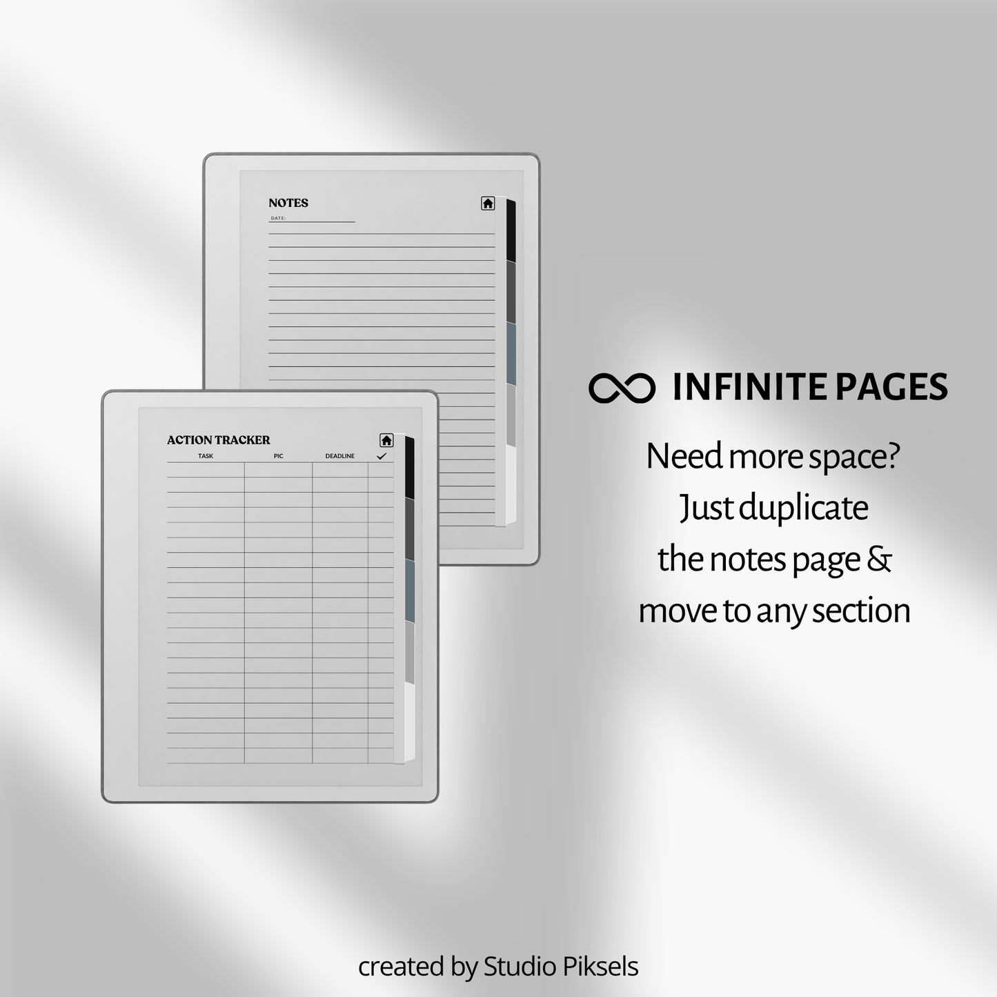 XL Meeting Notes Notebook for reMarkable 2 and reMarkable Paper Pure featuring 120 hyperlinked meeting pages, action tracker, structured meeting notes, grayscale organization, and monochrome PDF layouts.