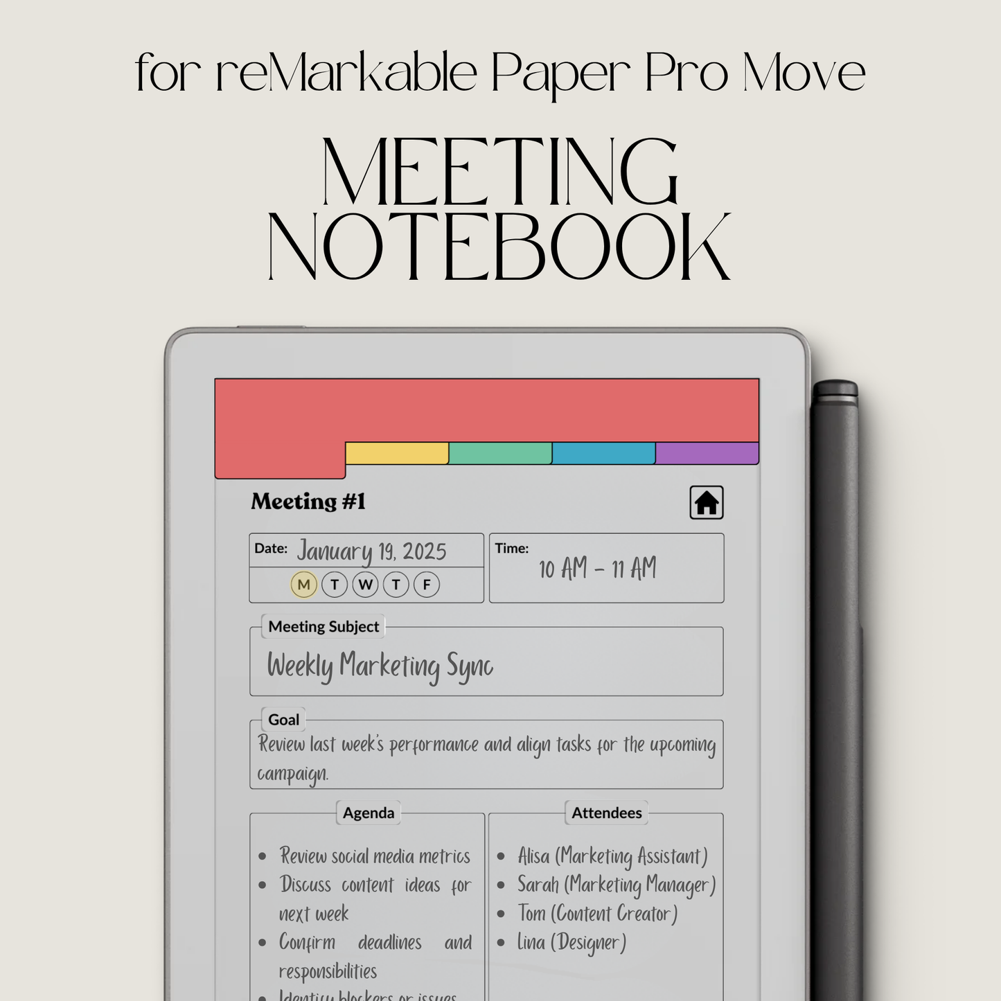 Meeting Notebook PDF for reMarkable Paper Pro Move with 120 meeting tracker, hyperlinked pages, and structured layout.