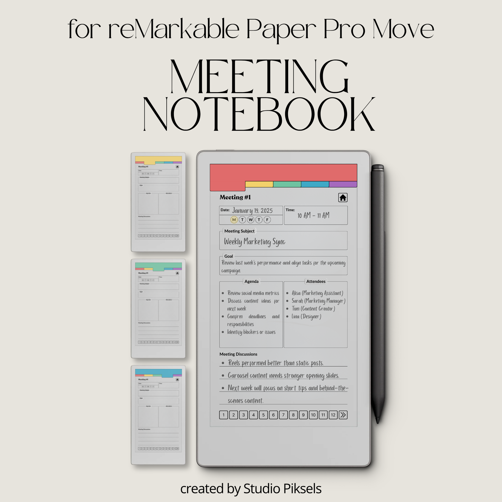 Meeting Notebook PDF for reMarkable Paper Pro Move with 120 meeting tracker, hyperlinked pages, and structured layout.