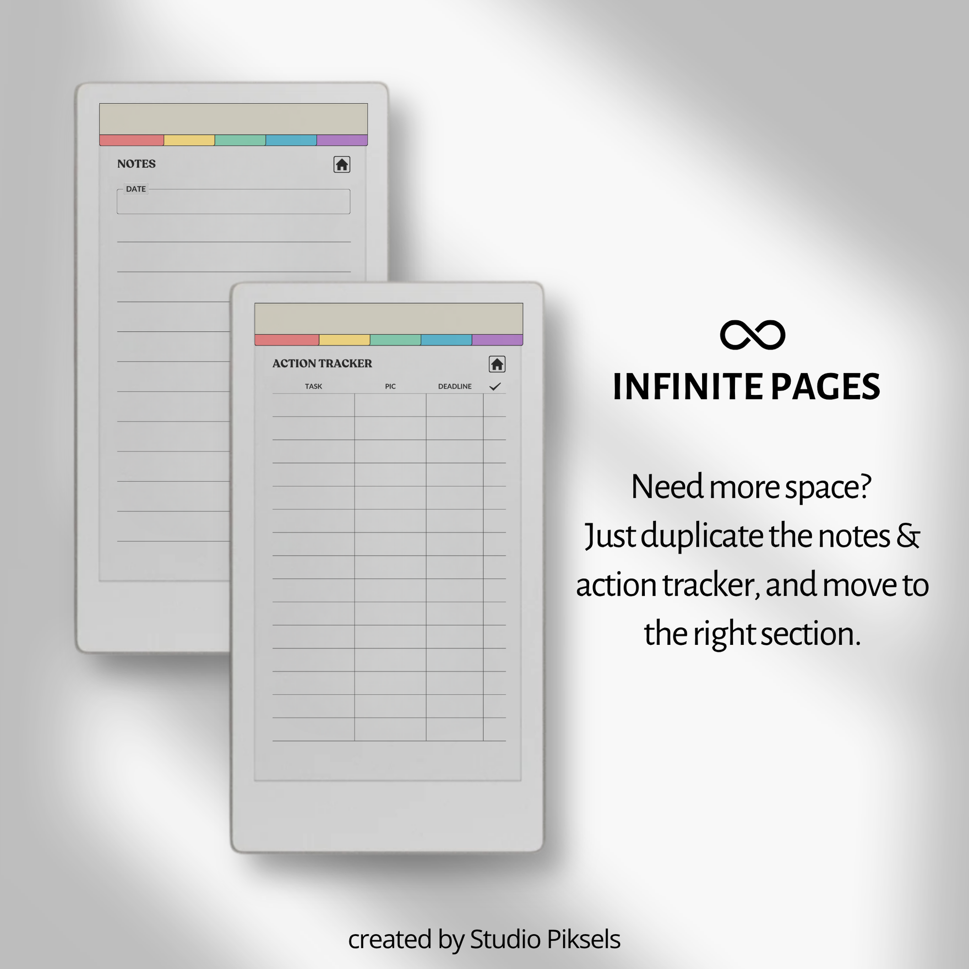 Meeting Notebook PDF for reMarkable Paper Pro Move with 120 meeting tracker, hyperlinked pages, and structured layout.