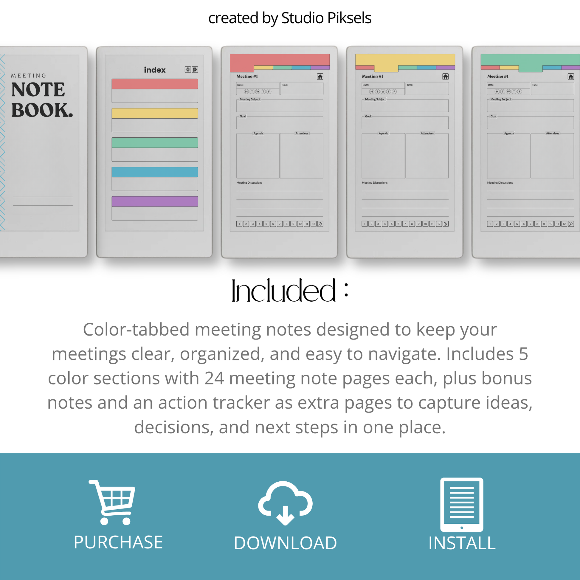 Meeting Notebook PDF for reMarkable Paper Pro Move with 120 meeting tracker, hyperlinked pages, and structured layout.
