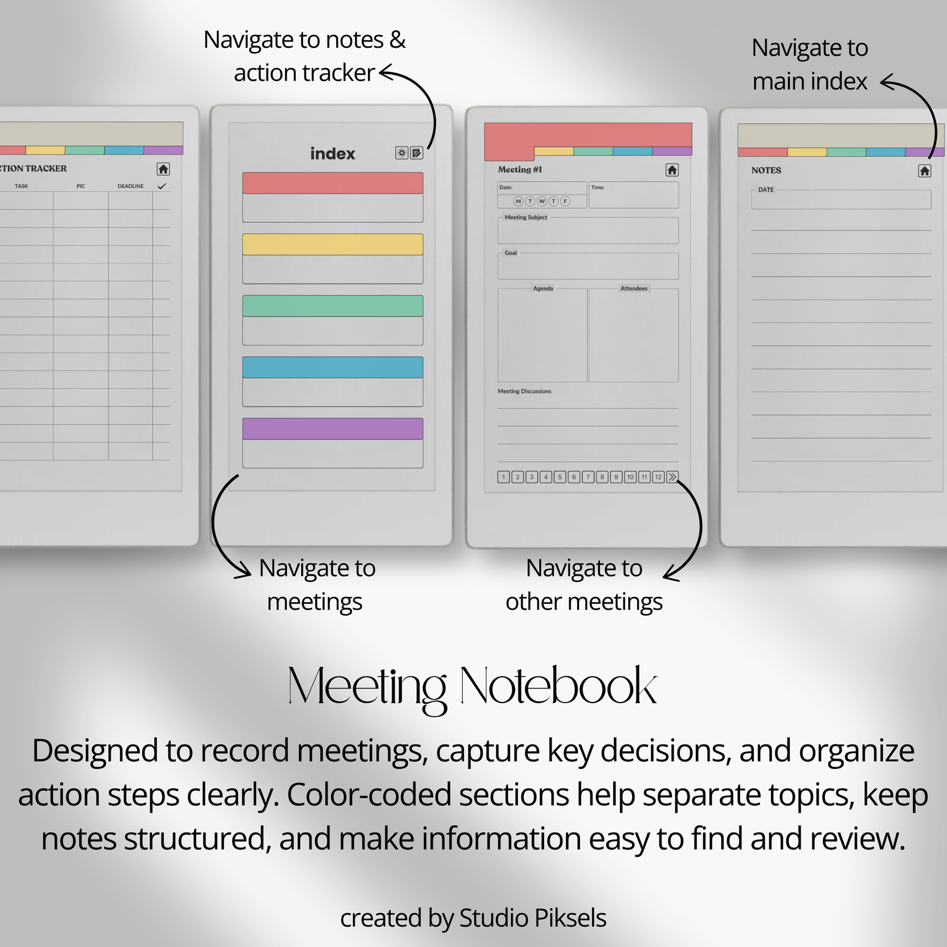 Meeting Notebook PDF for reMarkable Paper Pro Move with 120 meeting tracker, hyperlinked pages, and structured layout.