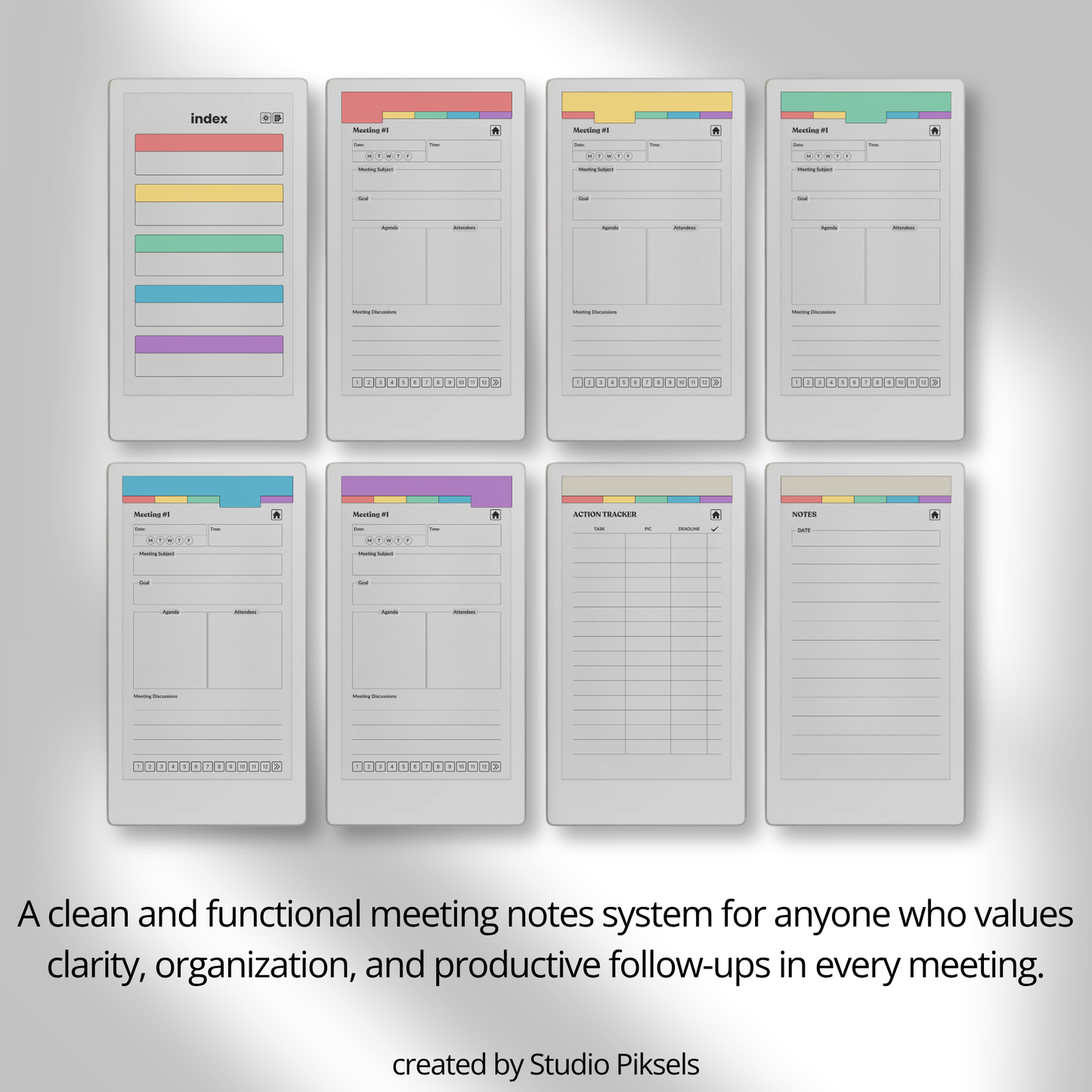 Meeting Notebook PDF for reMarkable Paper Pro Move with 120 meeting tracker, hyperlinked pages, and structured layout.