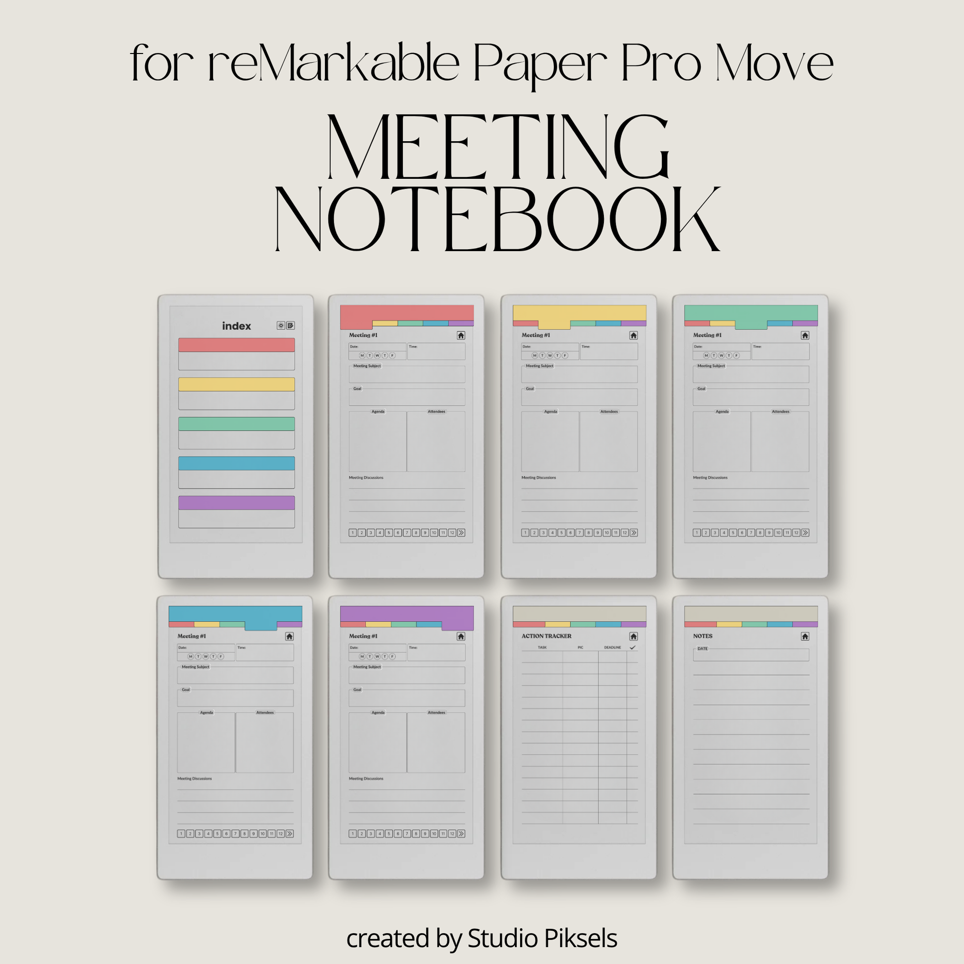 Meeting Notebook PDF for reMarkable Paper Pro Move with 120 meeting tracker, hyperlinked pages, and structured layout.