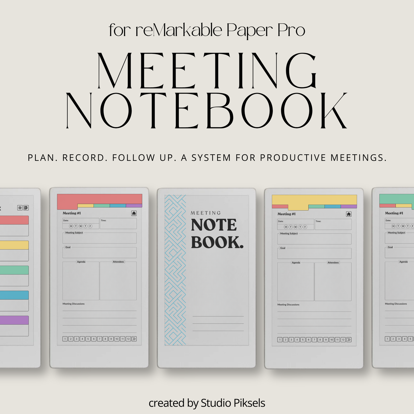 Meeting Notebook PDF for reMarkable Paper Pro Move with 120 meeting tracker, hyperlinked pages, and structured layout.