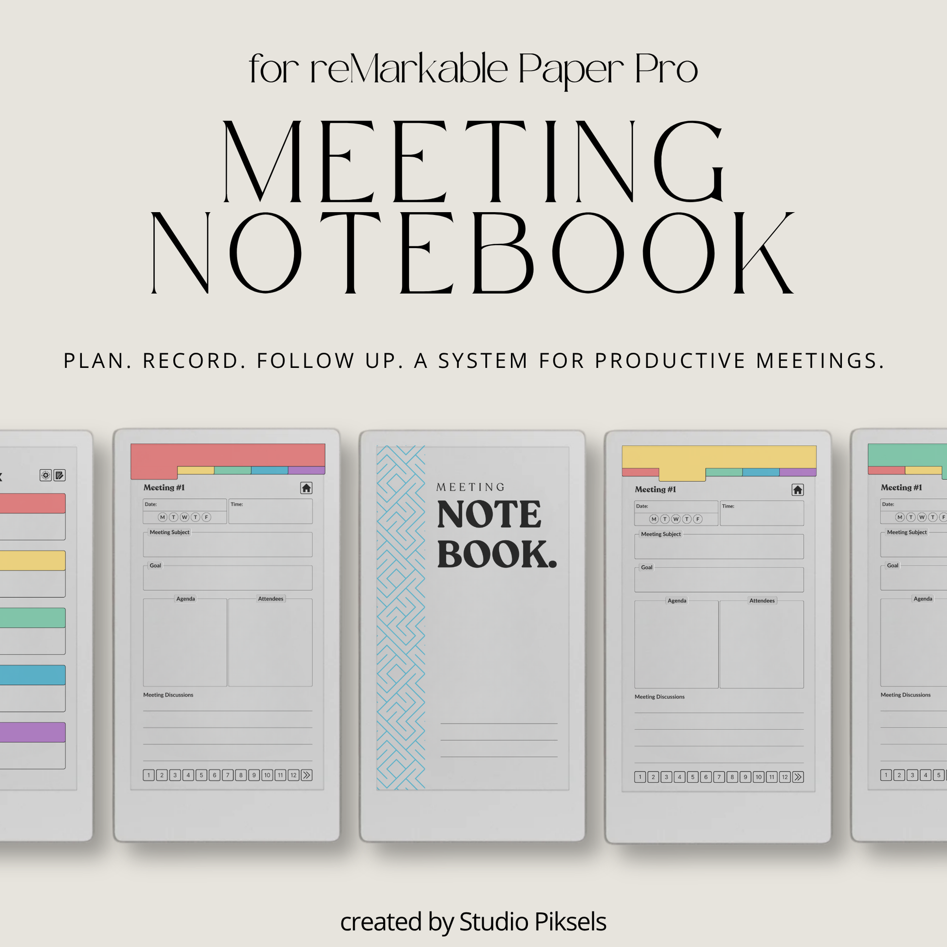 Meeting Notebook PDF for reMarkable Paper Pro Move with 120 meeting tracker, hyperlinked pages, and structured layout.