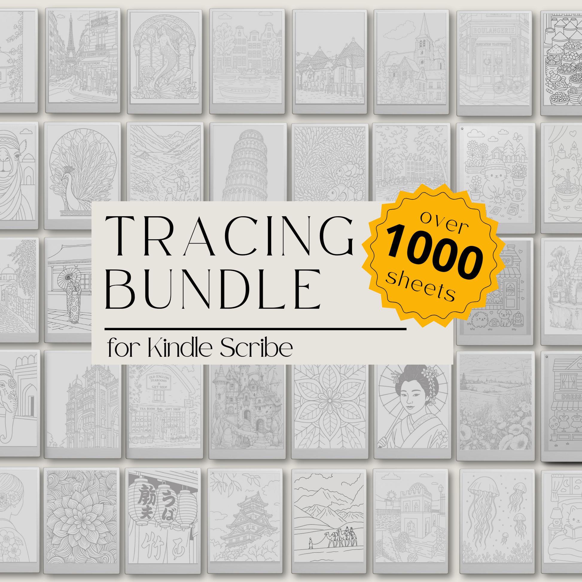 XL Tracing Bundle for Kindle Scribe featuring travel-themed tracing books, mandala patterns, floral designs, stained glass art, ocean scenes, and creative tracing pages for mindful digital drawing