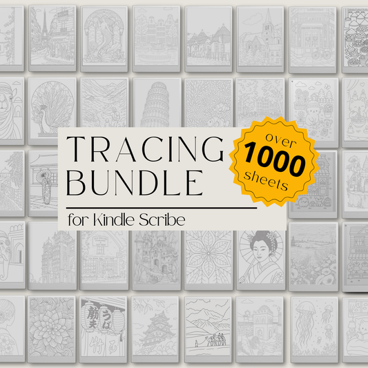 XL Tracing Bundle for Kindle Scribe featuring travel-themed tracing books, mandala patterns, floral designs, stained glass art, ocean scenes, and creative tracing pages for mindful digital drawing