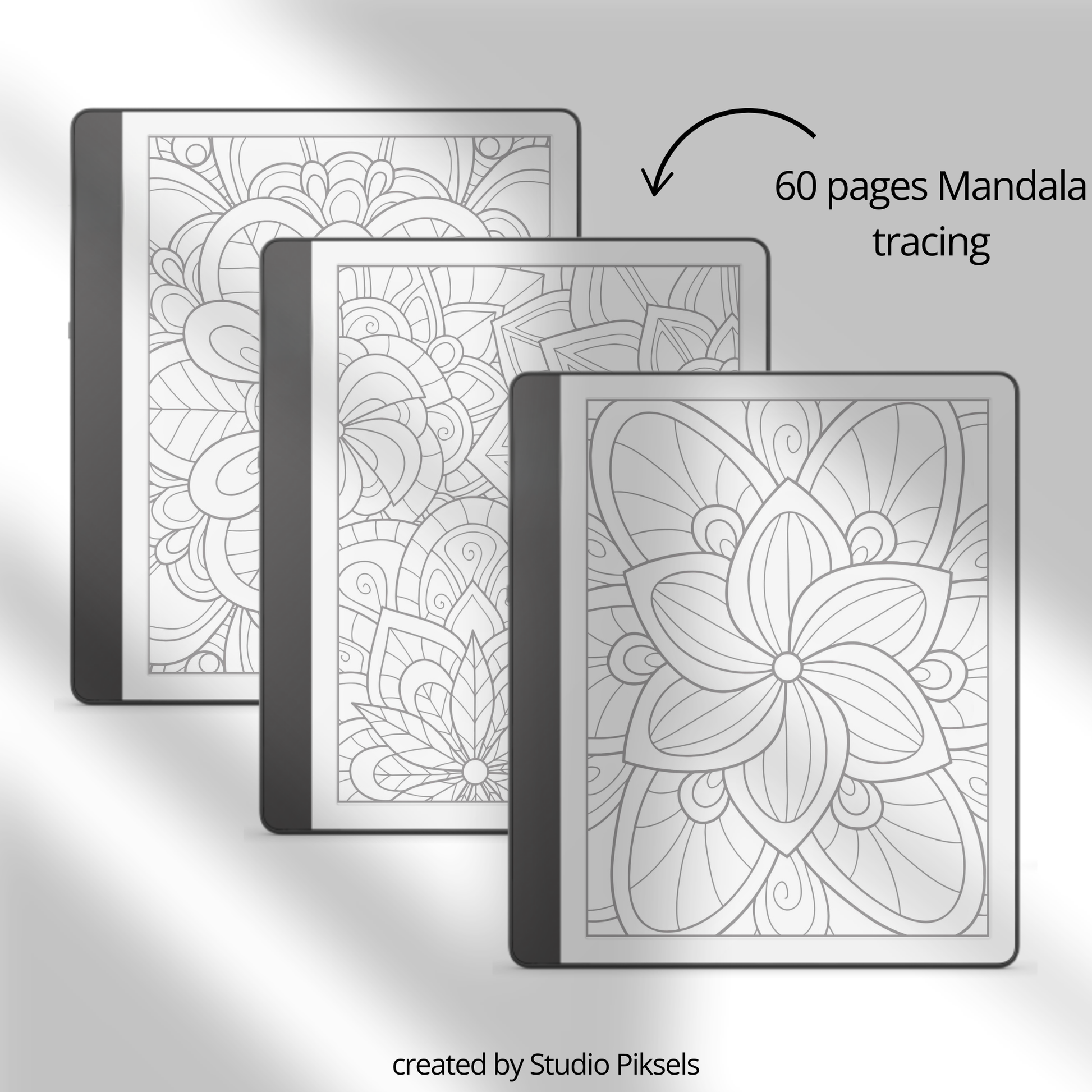 XL Tracing Bundle for Kindle Scribe featuring travel-themed tracing books, mandala patterns, floral designs, stained glass art, ocean scenes, and creative tracing pages for mindful digital drawing