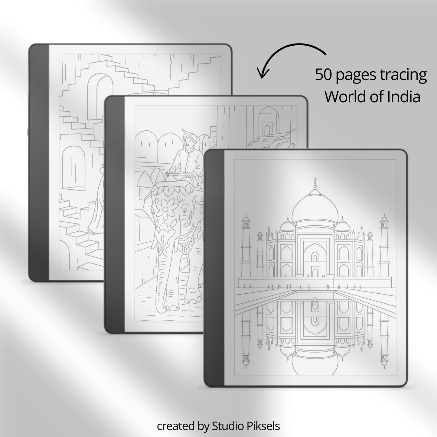 XL Tracing Bundle for Kindle Scribe featuring travel-themed tracing books, mandala patterns, floral designs, stained glass art, ocean scenes, and creative tracing pages for mindful digital drawing