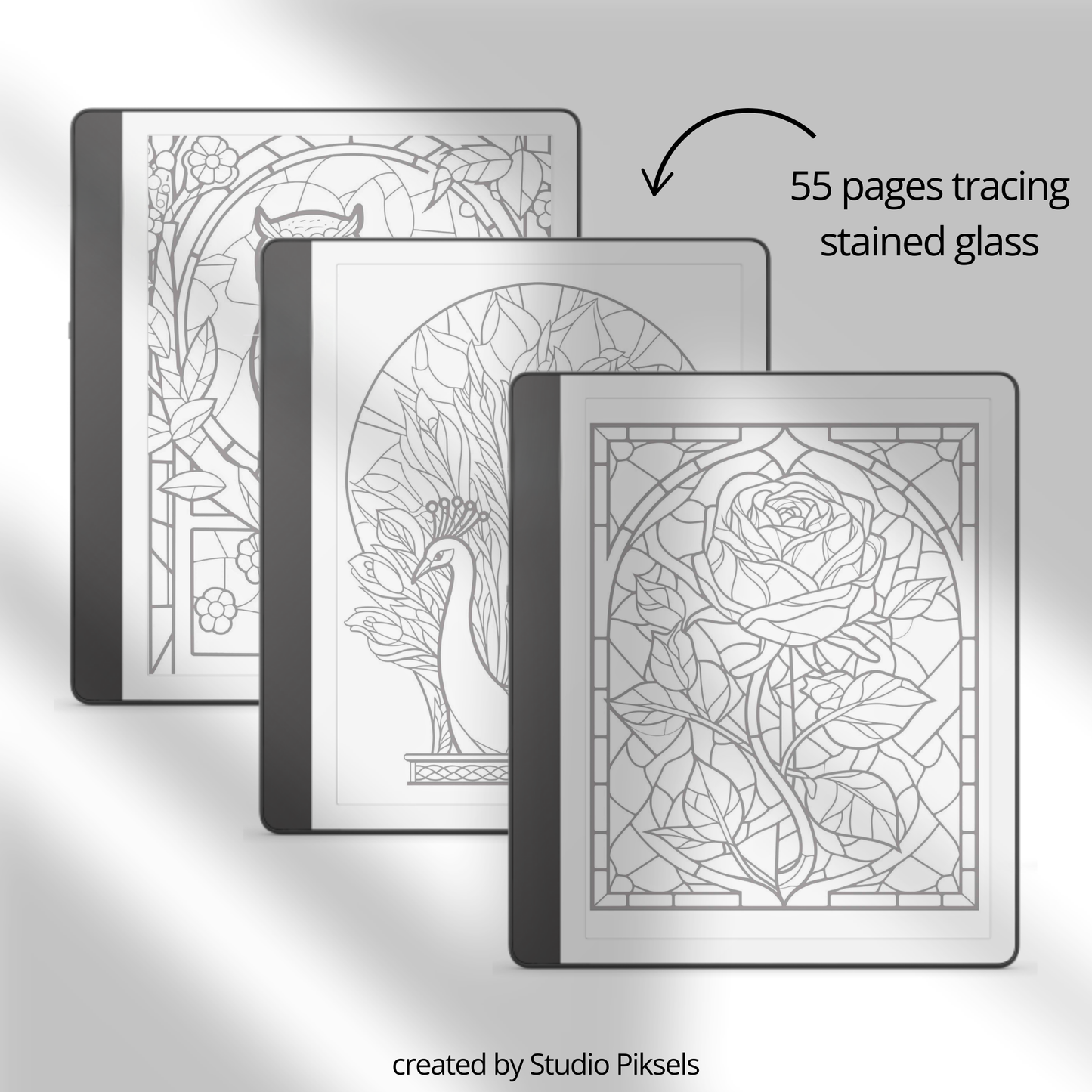 XL Tracing Bundle for Kindle Scribe featuring travel-themed tracing books, mandala patterns, floral designs, stained glass art, ocean scenes, and creative tracing pages for mindful digital drawing