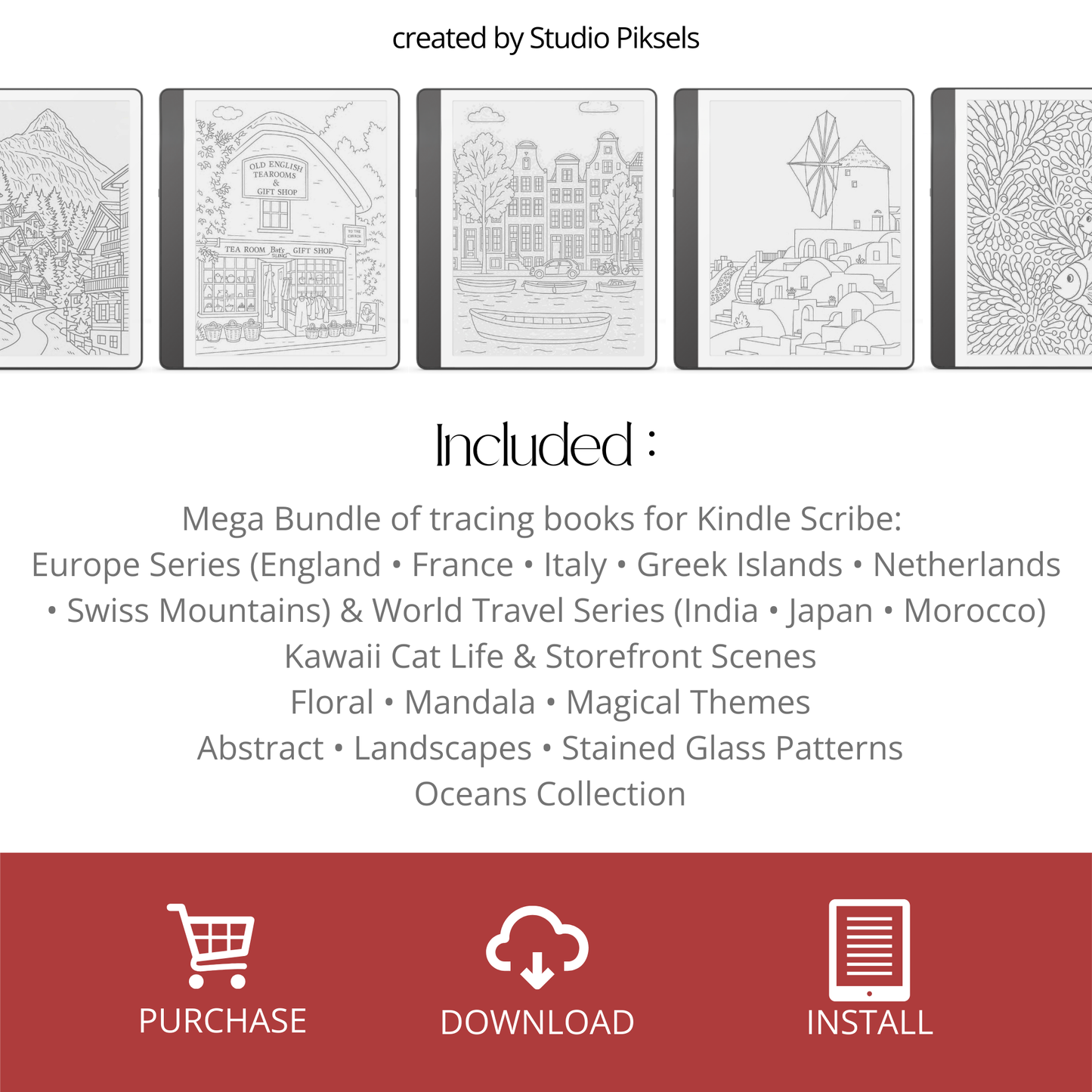 XL Tracing Bundle for Kindle Scribe featuring travel-themed tracing books, mandala patterns, floral designs, stained glass art, ocean scenes, and creative tracing pages for mindful digital drawing
