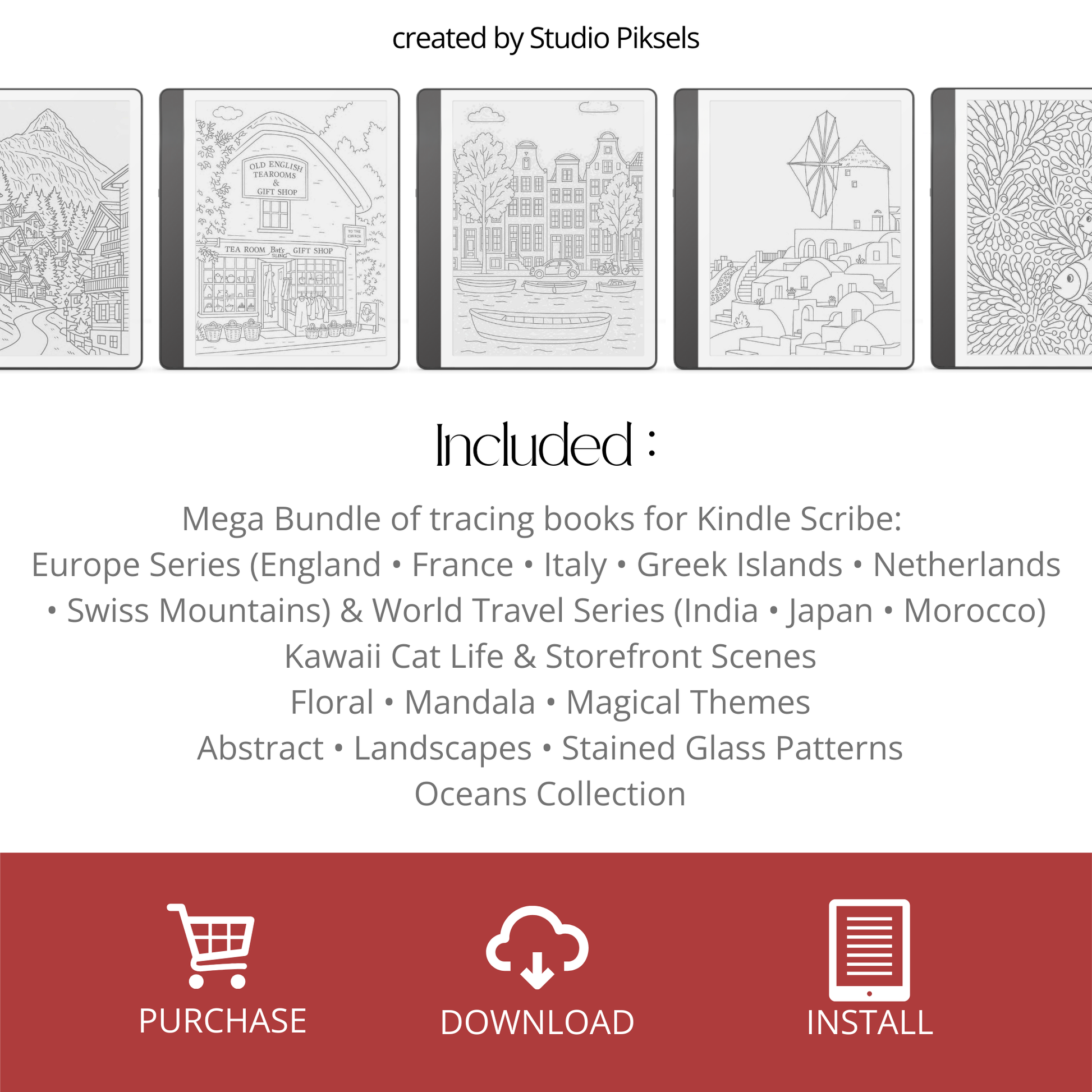 XL Tracing Bundle for Kindle Scribe featuring travel-themed tracing books, mandala patterns, floral designs, stained glass art, ocean scenes, and creative tracing pages for mindful digital drawing