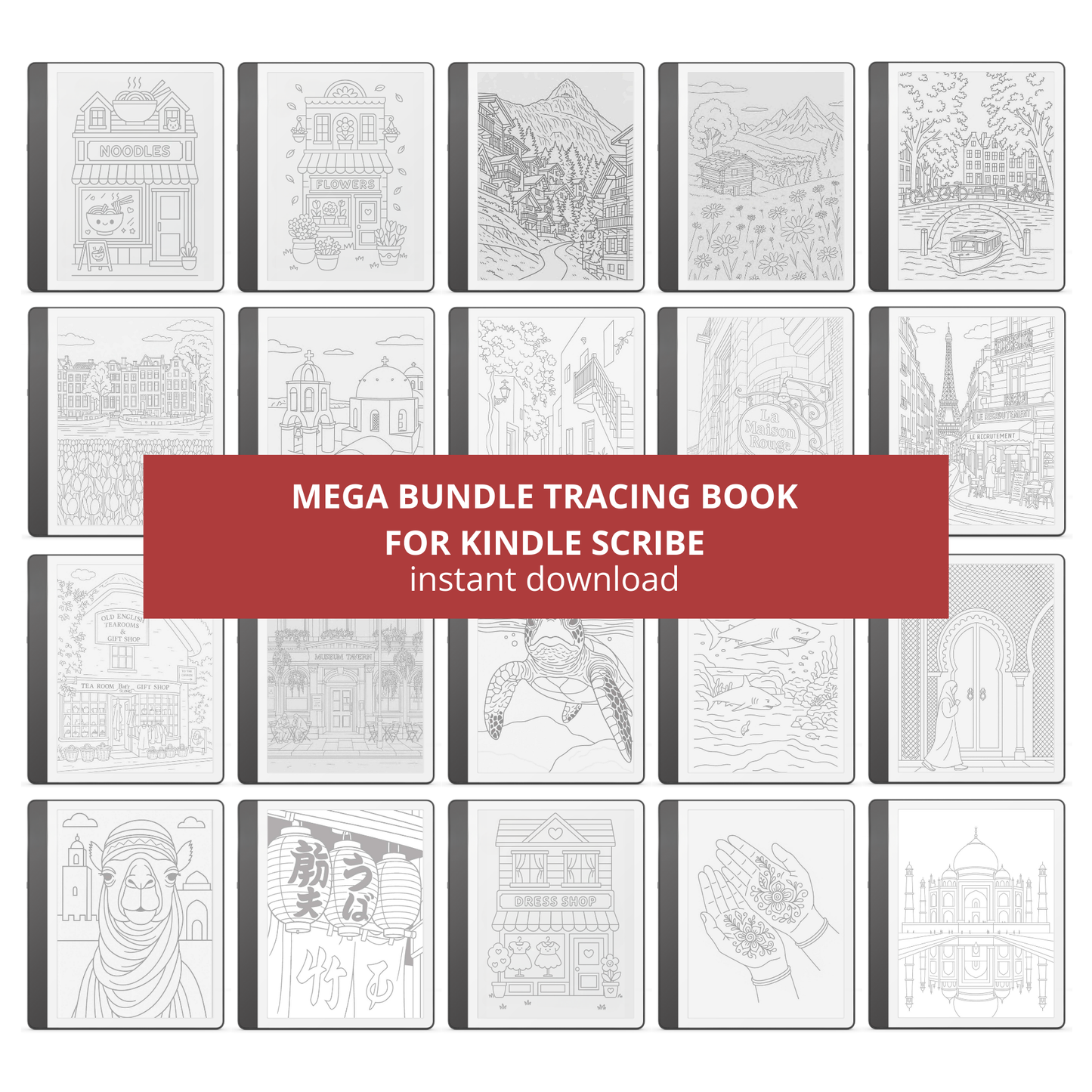 XL Tracing Bundle for Kindle Scribe featuring travel-themed tracing books, mandala patterns, floral designs, stained glass art, ocean scenes, and creative tracing pages for mindful digital drawing