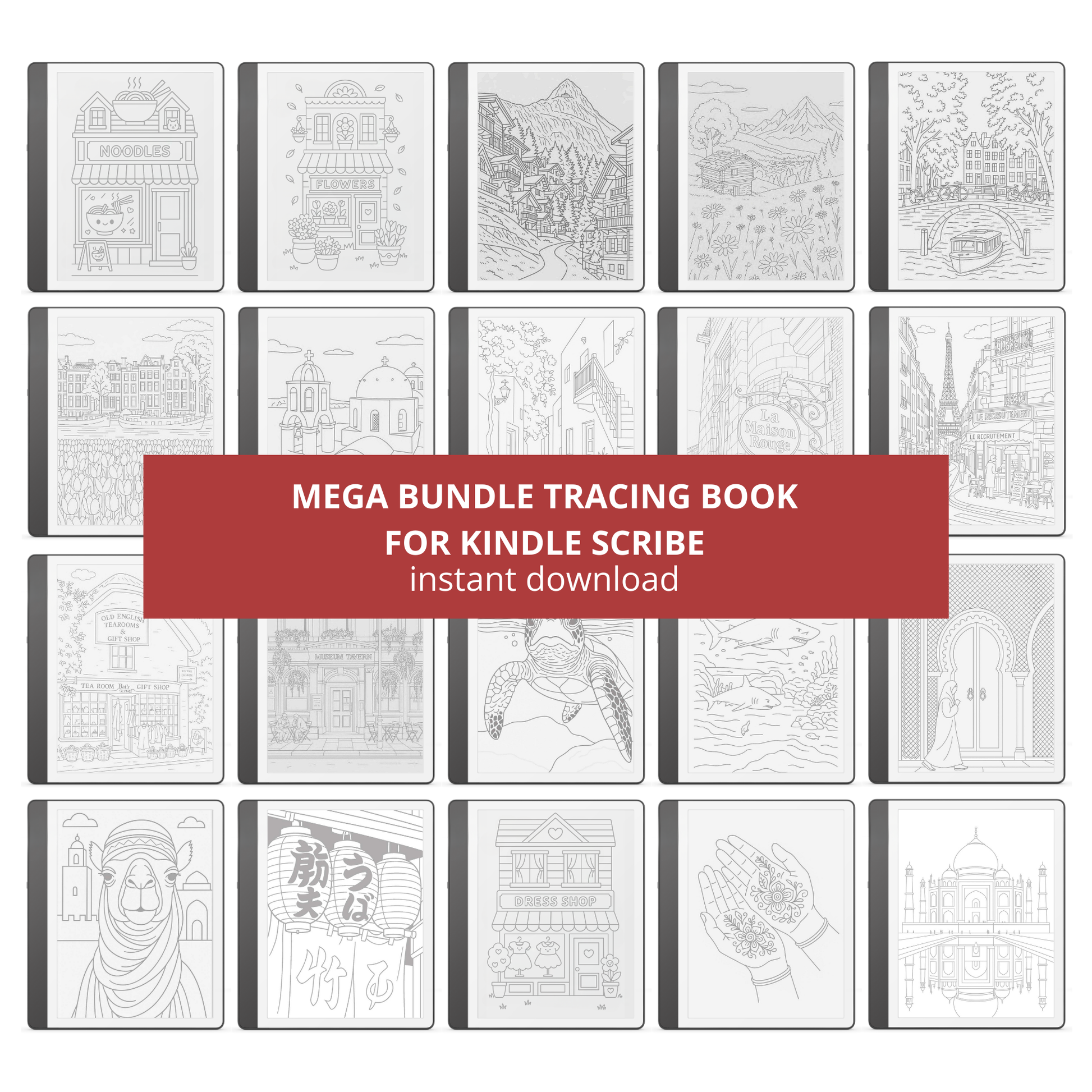XL Tracing Bundle for Kindle Scribe featuring travel-themed tracing books, mandala patterns, floral designs, stained glass art, ocean scenes, and creative tracing pages for mindful digital drawing